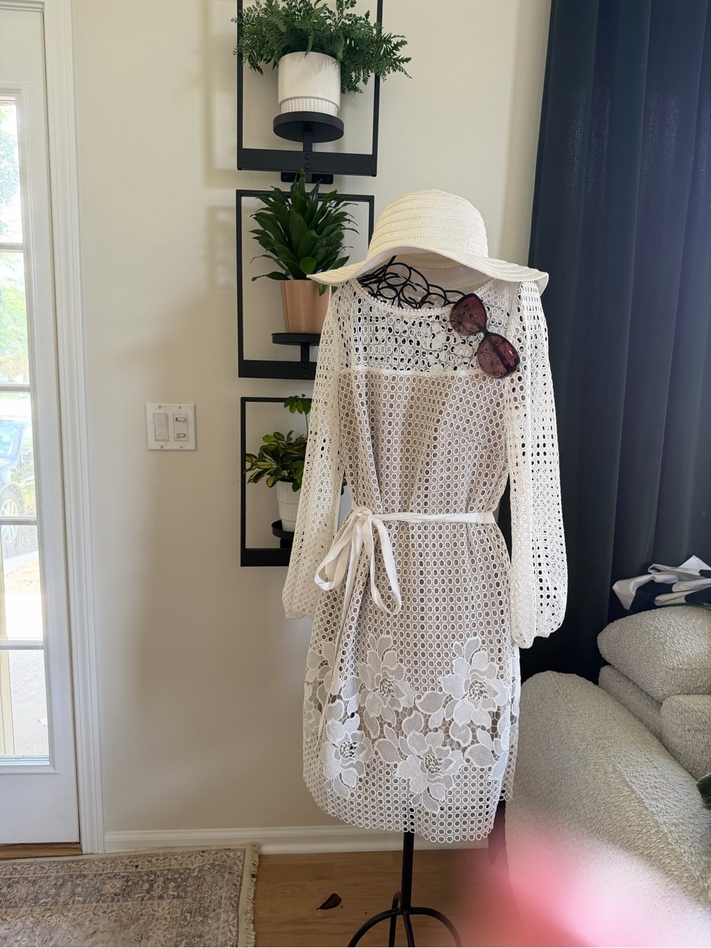White Crochet Lace Dress with Belt WHBM